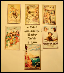 Historische Werbeplakate, ca. 4x6 cm, auf Pappe gezogen
