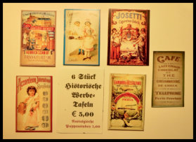 Historische Werbeplakate, ca. 4x6 cm, auf Pappe gezogen